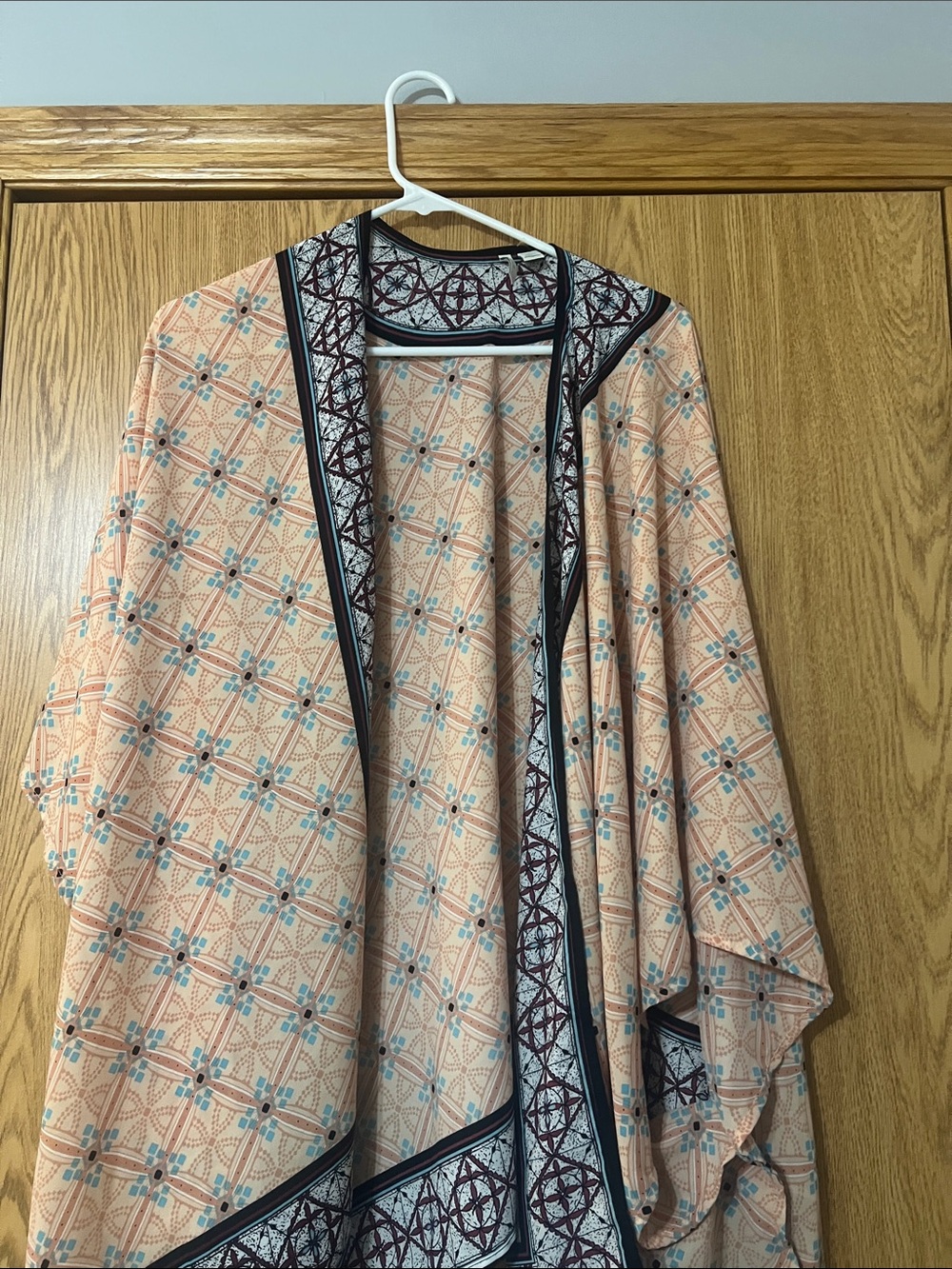 Peach Geometric Open Kimono Cardigan with Black Trim